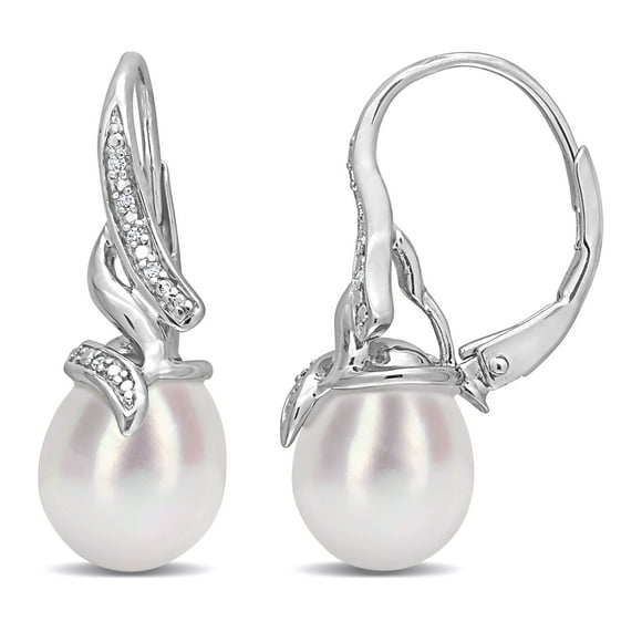 Miabella 9-9.5mm White Rice Cultured Freshwater Pearl and Diamond Accent Sterling Silver Leverback Swirl Earrings