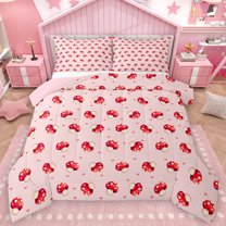 Homewish Cute Cartoon Mushroom Queen Comforter Set,Kawaii Loves Pattern Bedding Sets,Pink Red Bedding Comforter Set For Girls Kids,Super Cozy Room Decor Reversible,3-Piece