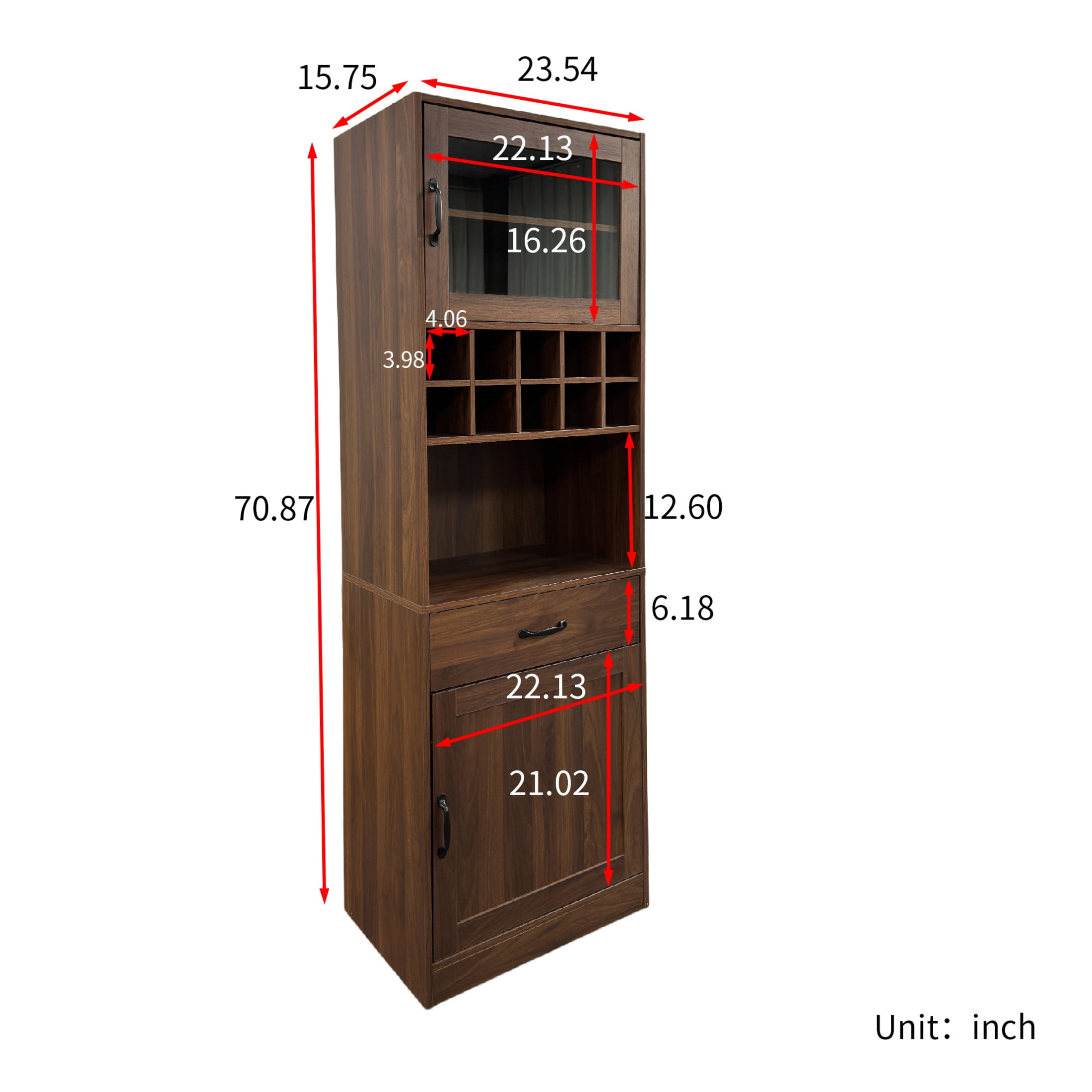 Noble House 70.87" Farmhouse Kitchen Pantry Cabinet with Glass Doors, 10-Bottle Wine Rack & Pull-Out Shelf, Walnut