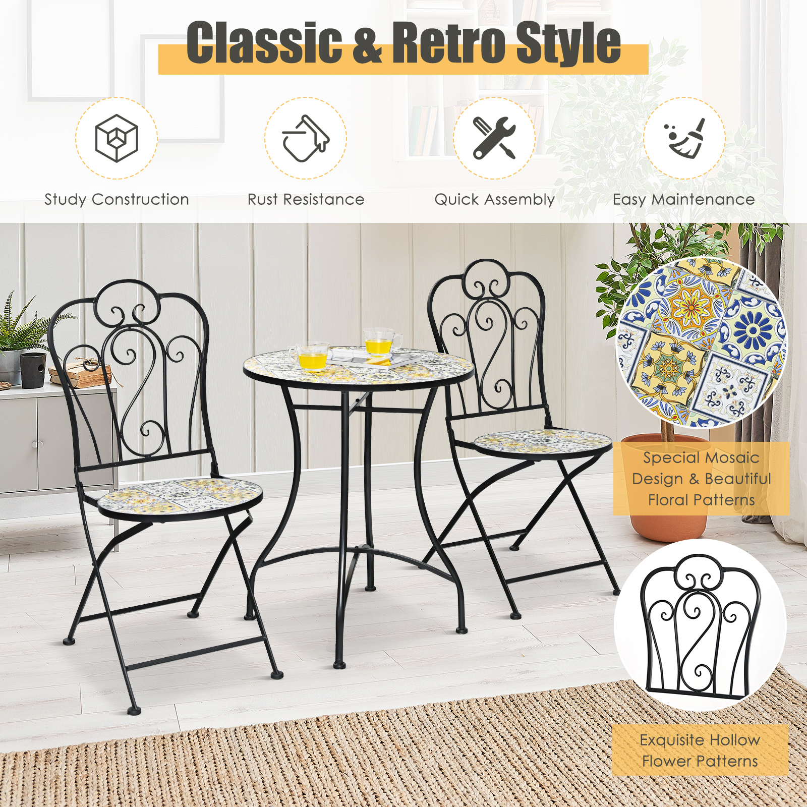 Patiojoy 3PCS Patio Mosaic Design Folding Chairs Side Table Set Bistro Set Classic Furniture Chair Set for Garden - image 5 of 8