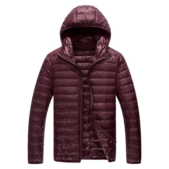 Hogleaql Mens Plus Size Puffer Jacket Full Zip Long Sleeve Thermal Quilted Coats Hooded Collar with Pockets Loose Solid Color Soft Insulated Winter Fashion Jacket Outwear Wine M
