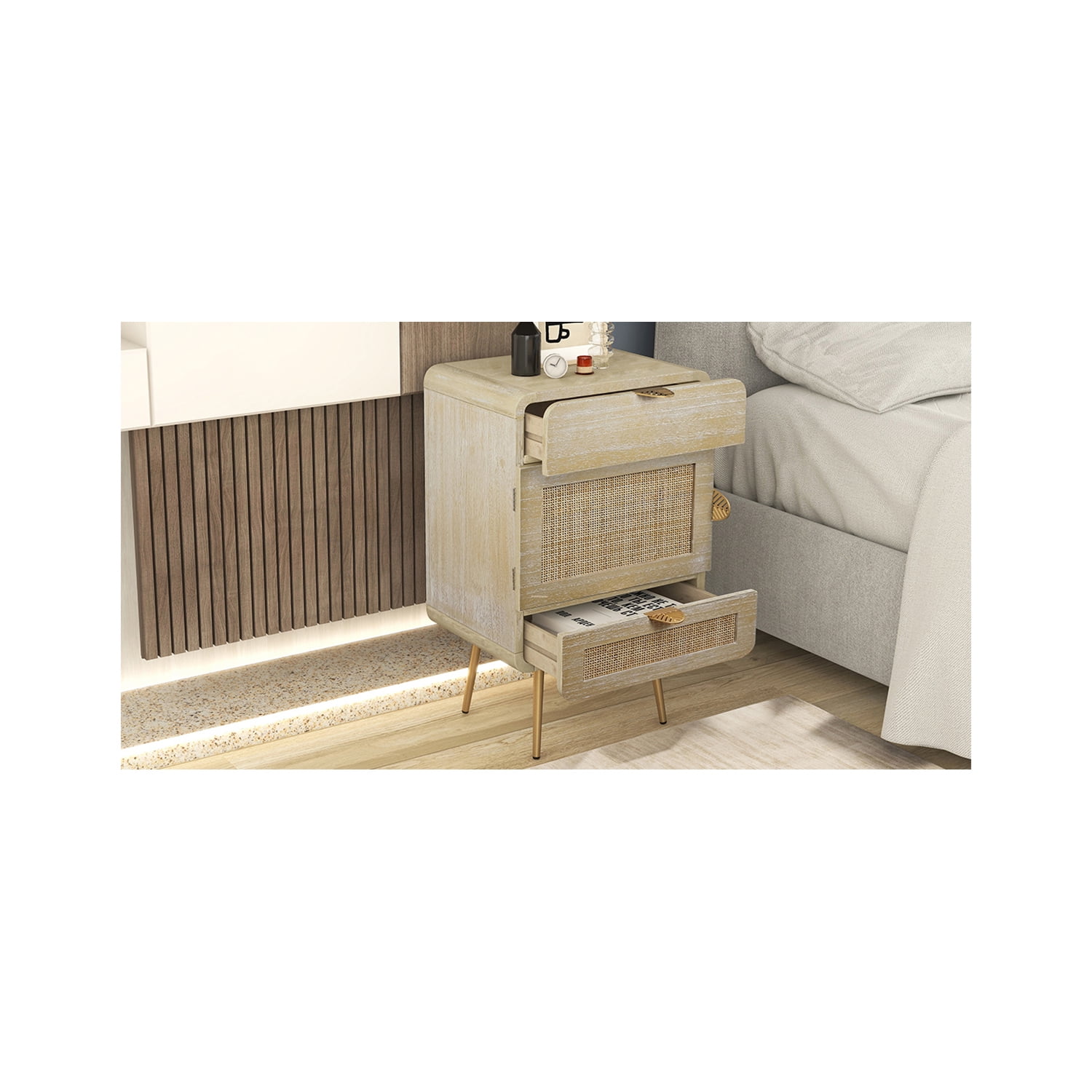 Kepooman Wooden Nightstand with One Cabinet and Metal Feet, Natural Rattan 2 Drawer Nightstand, Natural Kepooman Wooden Nightstand with One Cabinet and Metal Feet, Natural Rattan 2 Drawer Nightstand, Natural
