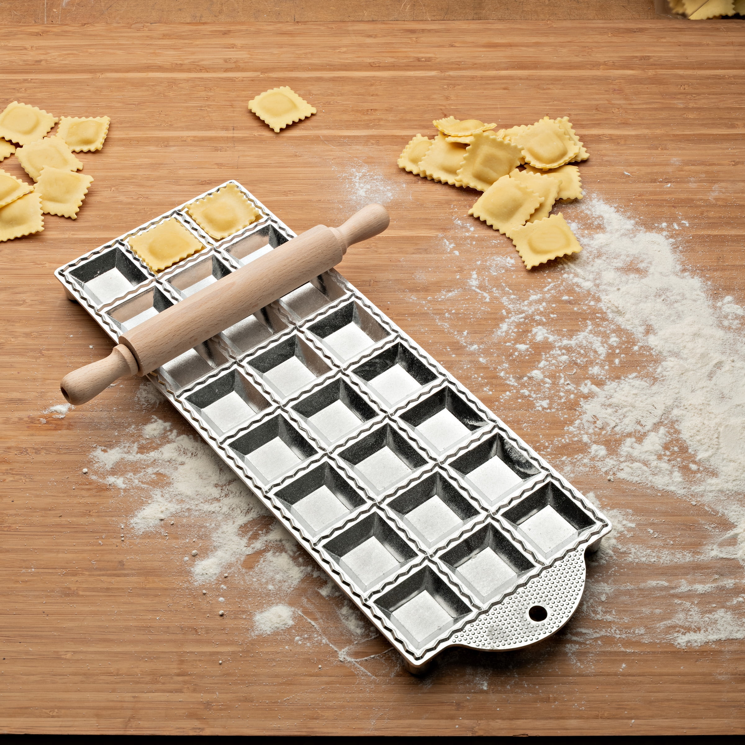 Kings County Tool Square Ravioli Maker Mold | Produce 2” Square Shape | Easy to Use | Wooden Pasta Roller Included | Non-Slip Rubber Foot Insert | Kitchen Necessity | Made in Italy