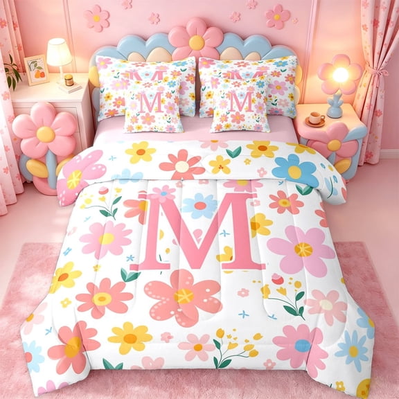 meiyoeat Girls Personalized Monogram M Gifts 7-Piece Twin Bedding Sets For Kids,Watercolor Kawaii Floral Bedding Comforter Set,pink Reversible