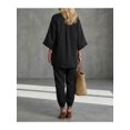 thumbnail image 3 of Women's Summer 2 Piece Outfits Lounge Sets Three-quarter Sleeve Top Wide Leg Cropped Pants with Pockets, 3 of 6