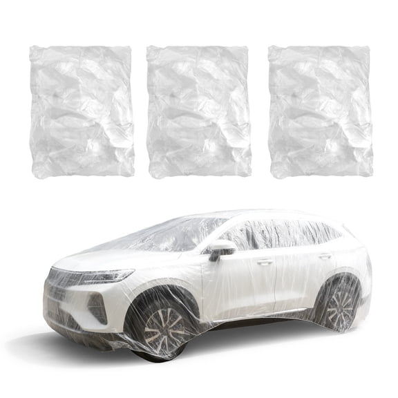 3 Pieces Non-Reusable Car Cover with Elastic Band, Clear PE Full Exterior Car Covers, Indoor Outdoor Garage Snow Rain Vehicle Protection Large (15.7 Ft x 24.6 Ft)