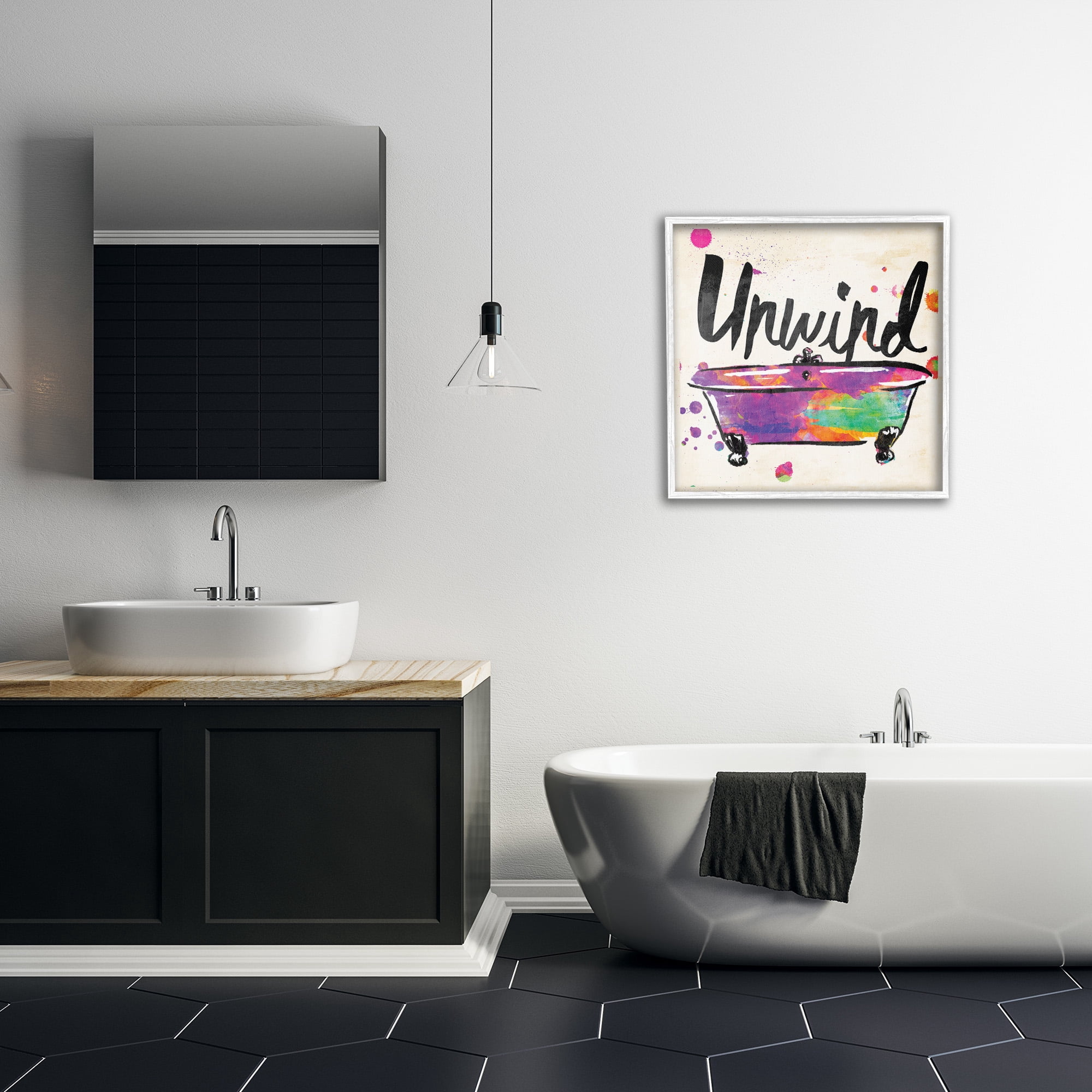 Stupell Industries Unwind Rainbow Colors Icon Bath Typography Painting White Framed Art Print Wall Art, 24 x 24