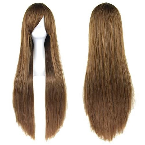 Zhuge Pelucas de cabello natural liso de 80 cm de largo para cosplay con flequillo, peluca colorida para fiesta de disfraces de Halloween para niña (marrón)