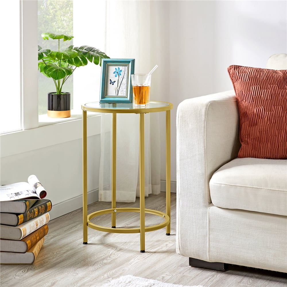 Alden Design Round Metal End Table with Glass Top for Livingroom, Gold