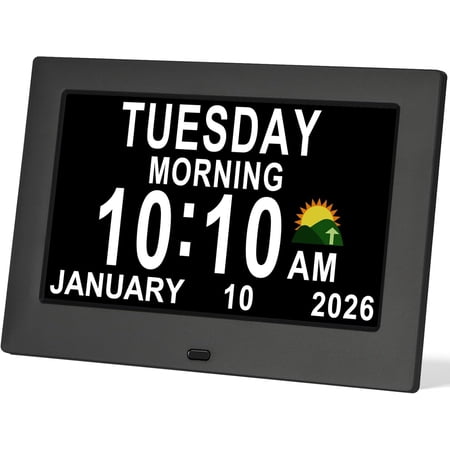 Dementia Digital Clock for Seniors 7" Large Display Clock with Day and Date for Elderly Easy to Use 15 Alarms 5 Colors Auto Dimmable Alarm Clock for Bedroom Classroom Senior Gifts (Black)