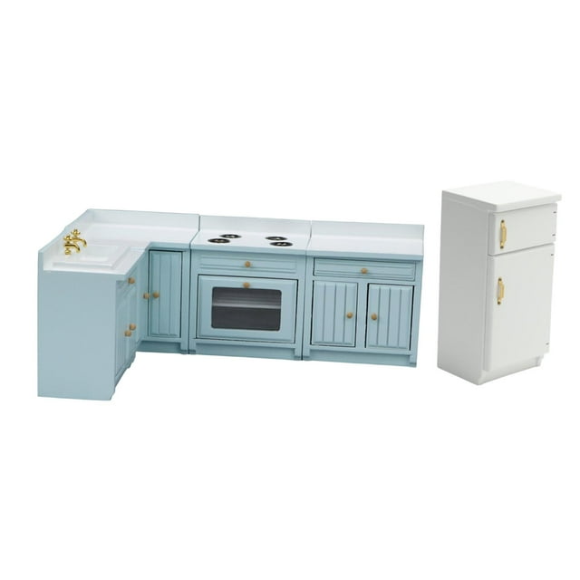 MERIGLARE 1/12 Maison de Poupée Mini Meubles Ensemble de Cuisine Table de Cuisson Armoire Modèle pour 3+ Bleu