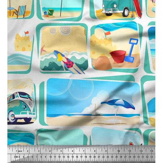 Soimoi Cotton Voile Fabric Chair,Girl & Beach Surfboard Patchwork Printed Fabric 1 Yard 56 Inch Wide