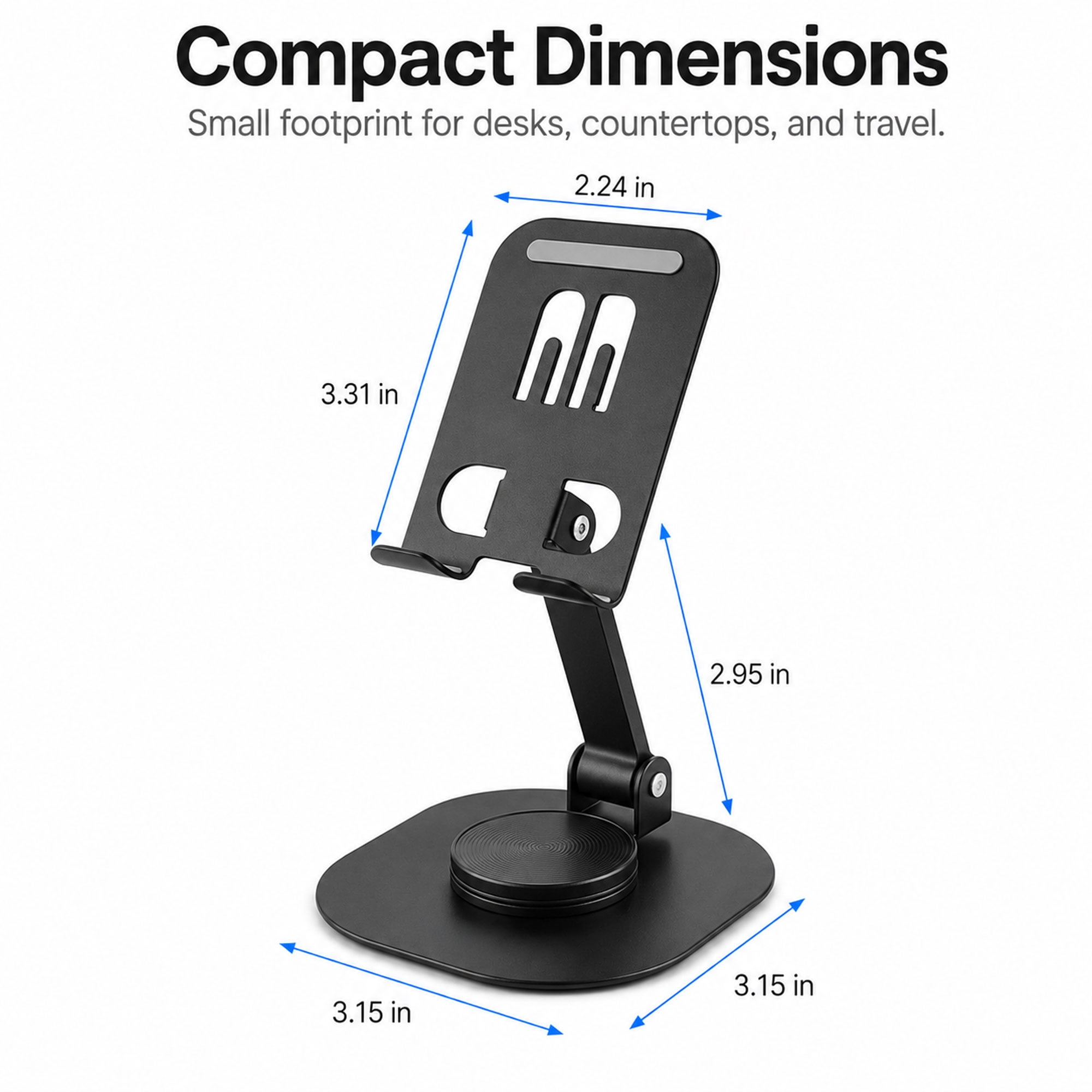 360° Rotating Phone & Tablet Stand, Foldable Metal Desk Holder with 180° Tilt, Portable Anti-Slip Stand for iPhone, Samsung, iPad, Tablets, Video Calls & Streaming, Black