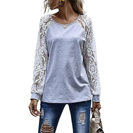 

PIKADINGNIS Womens Solid Color Slim Fit Shoulder Lace T-Shirt Casual Base Crewneck Long Sleeve Shirts for Women Fall Tunic Sweatshirt