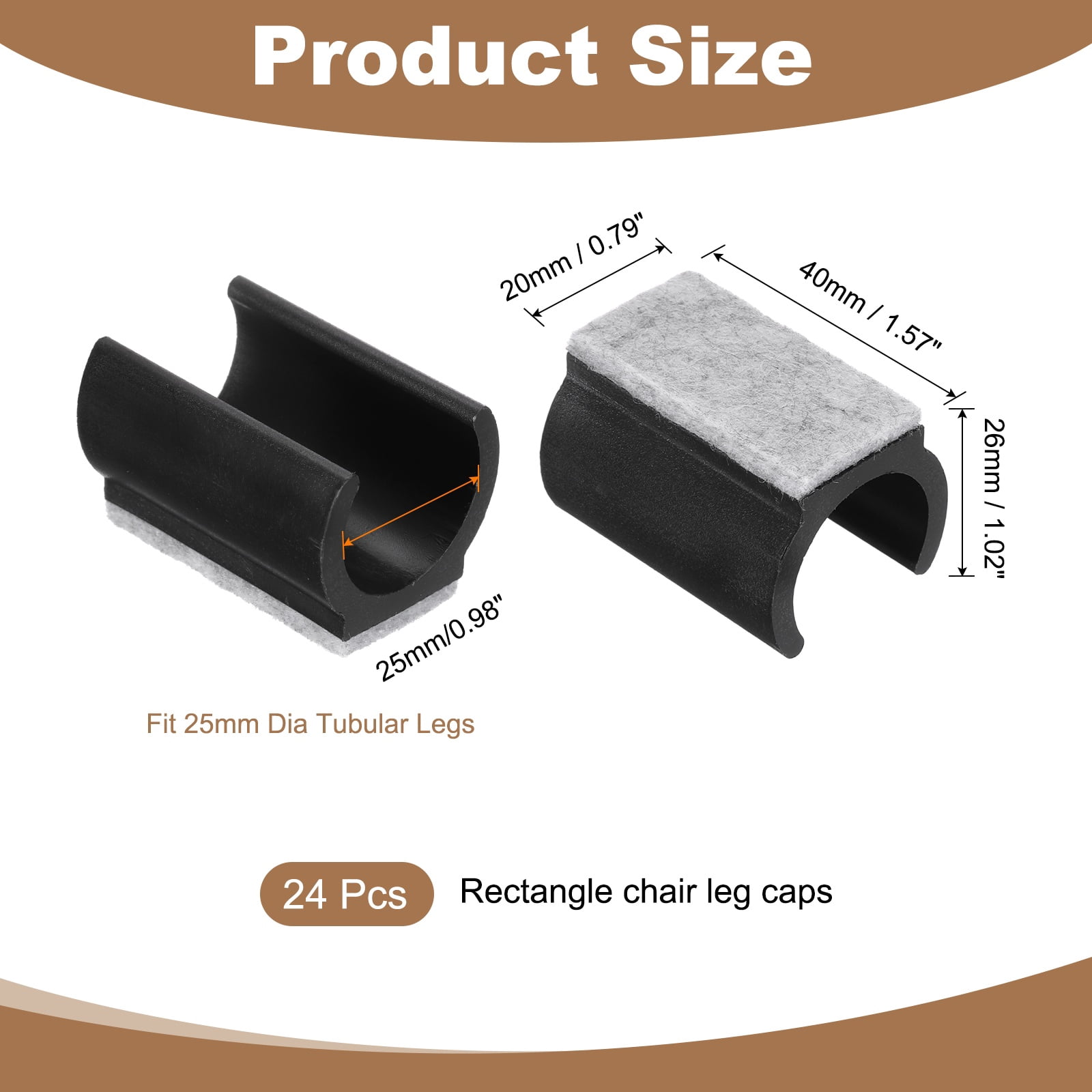 24 Pack Rectangle U Shaped Chair Leg Caps with Felt Pads, Fit 25mm Dia Tubular Legs, Slide Smoothly Furniture Feet Protectors No Scratches No Noise for Hardwood Floors, Black
