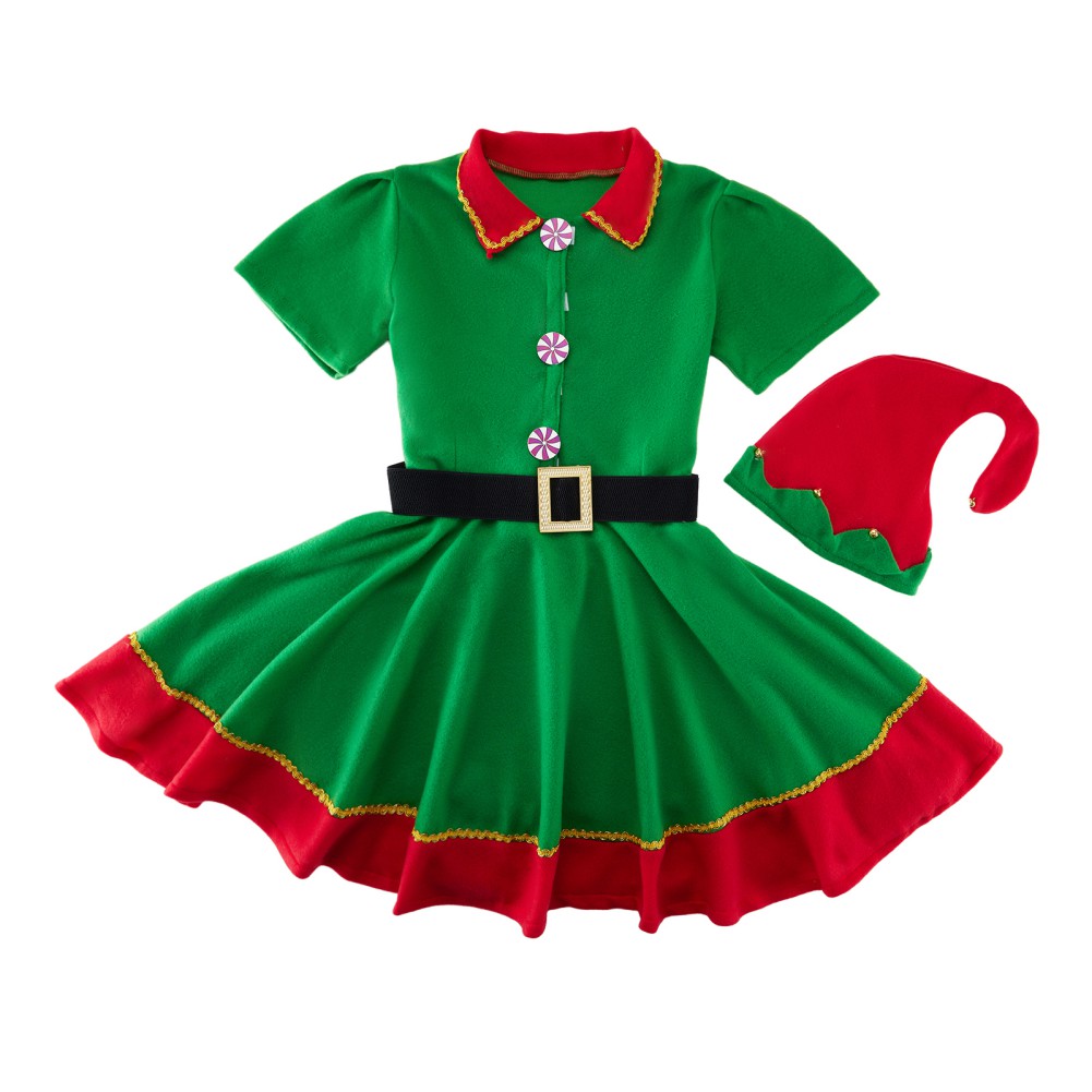 Family Matching Baby Chidren Adult Female Christmas Elf Costume - 4 Piece Set Includes Dress + Hat + Belt + Socks Xmas Cosplay Suit - image 5 of 6