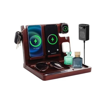 Wood Wireless Charging Station,Wood Phone Docking Station,Nightstand Organizer Charging Station With 4 Wireless Charger Fast Charging For iPhone/Samsung/Apple Watch/Earbuds,Gifts for Men