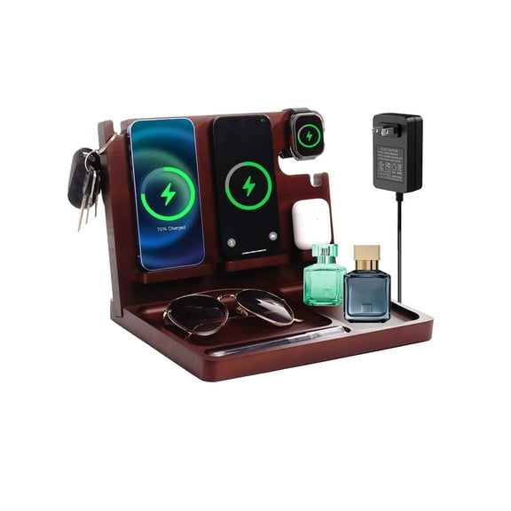 Wood Wireless Charging Station,Wood Phone Docking Station,Nightstand Organizer Charging Station With 4 Wireless Charger Fast Charging For iPhone/Samsung/Apple Watch/Earbuds,Gifts for Men