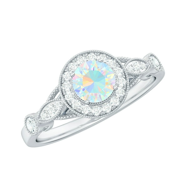 Rosec Jewels 1 CT Womens Round Shape Ethiopian Opal Ring in Gold with Diamond Accent, 925 Sterling Silver, US 4.00