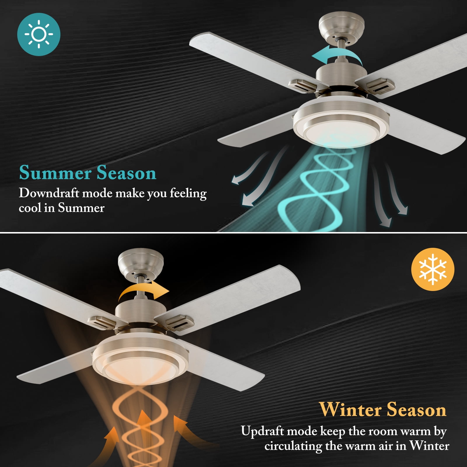 Warmiplanet 2-Pack 44" Modern Ceiling Fan with Light & Remote, Sand Nickel, Dual-Color Blades, DC Motor, 6 Speeds, 3-Color Light, Reversible, Timer