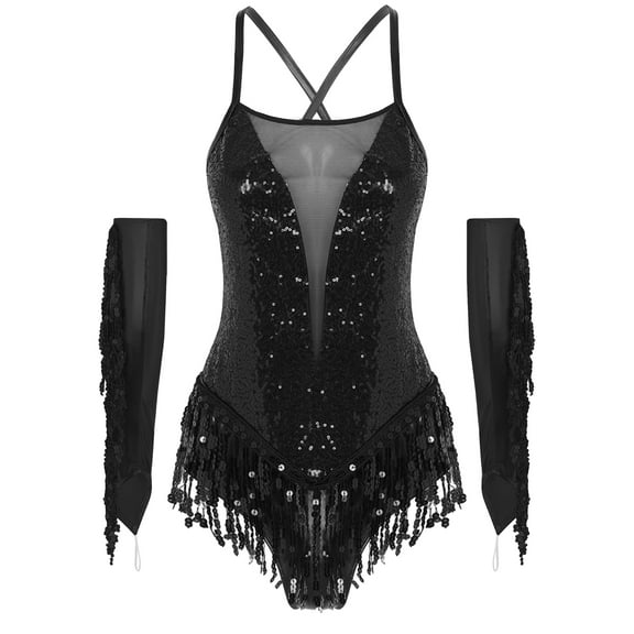 iiniim Womens Lyrical Latin Dance Bodysuit with Tassel Gloves Sequins Tango Jazz Performance Leotard Costume Black L