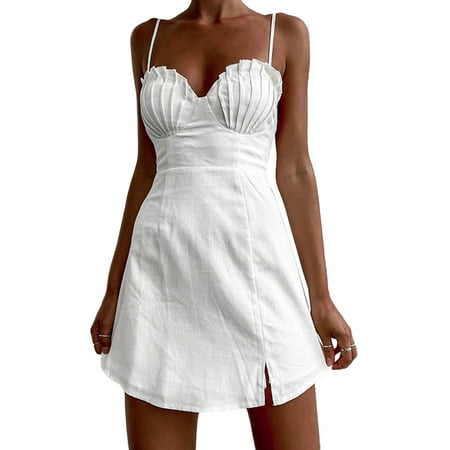 

LSFYSZD Lady s Solid Color One-piece Dress Sexy V-neck Chest Pleated Backless Slim Elastic Sling Skirt