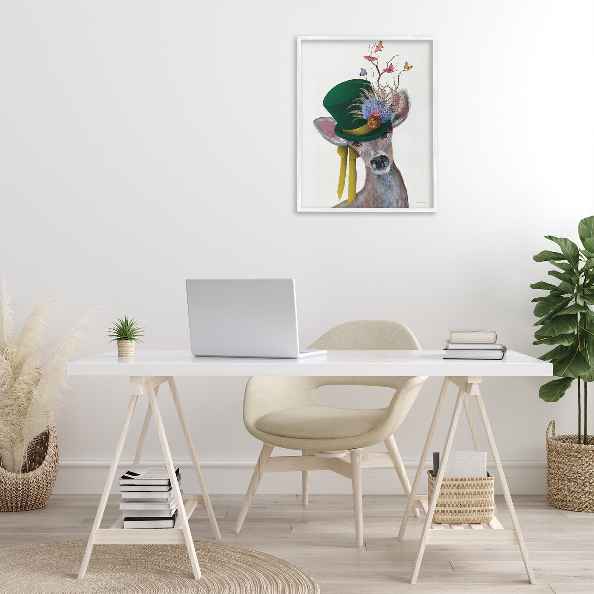 Stupell Industries Deer with Butterfly Hat Animals & Insects Painting White Framed Art Print Wall Art, 24 x 30