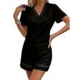 thumbnail image 2 of Short Sleeve Womens 2-Piece Set Summer Loose Lace V Neck T Shirts Dressy Casual Ruffle Sleeve Tunic Blouses Shorts Black XL, 2 of 7