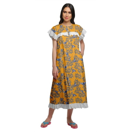 

Moomaya Printed WoMen s Button Placket Mid Calf Nightdress Cotton Nightwear