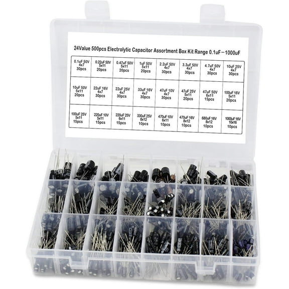 Assortment Kit for Electronics Enthusiasts, Aluminum Electrolytic Capacitor with Storage Box, Compatible with DIY Projects Across Temperature Range, 24 Values 500Pcs 10V 16V 25V