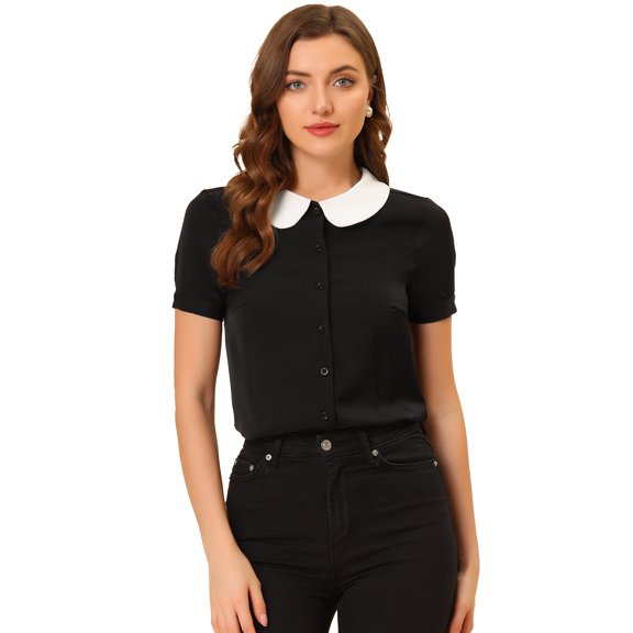 DARING DIVA Women's Contrast Peter Pan Collar Blouse Shirt 3XL Black
