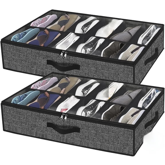 Sturdy Under Bed Shoe Storage Solution Organizer For Closet Fit 16x2 Pairs, Underbed Shoes Container Bags with Reinforced Handles, Breathable, Linen-like Black