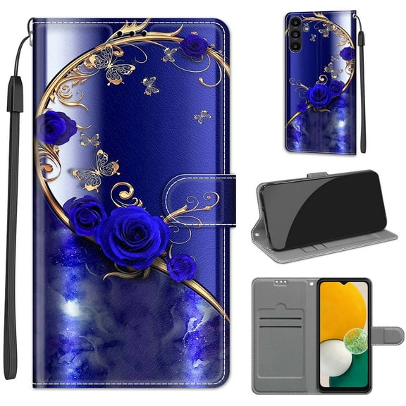 Flip Wallet Case for Samsung Galaxy A54 5G, with Kickstand Credit Card Holder Slot Cute Pattern Magnetic Clasp Premium PU Leather Protective Case with Wrist Strap - Blue Rose Golden Butterfly
