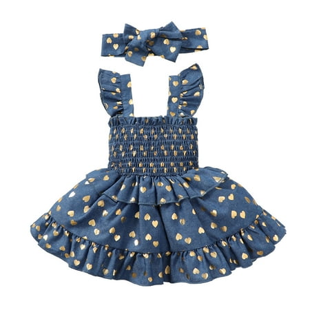 

KIMI BEAR Newborn Girls Dress 3 Months Newborn Girls Spring Summer Dress 6 Months Newborn Girls Square Neck Golden Heart Prints Strap Dress + Headband 2PCS Set Blue