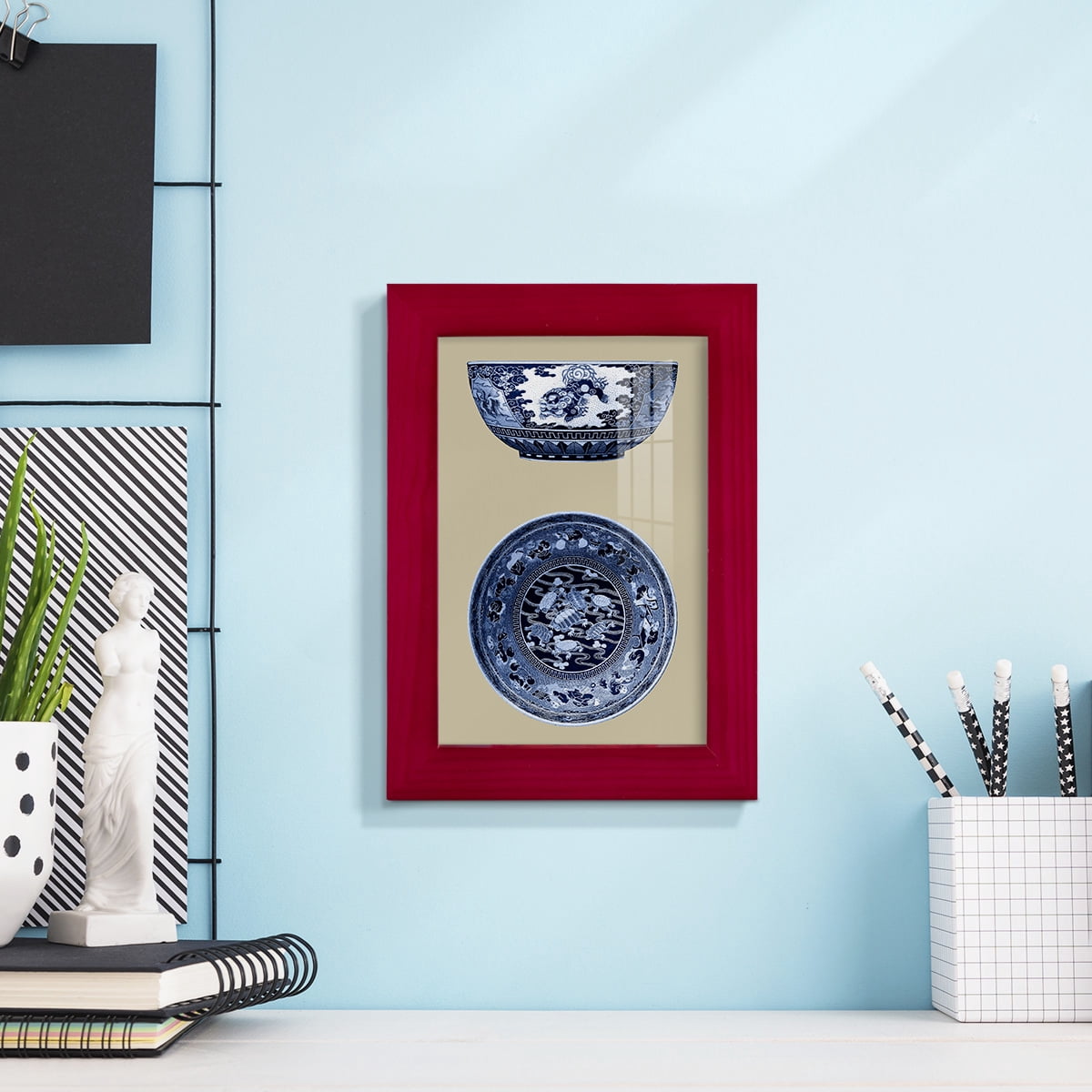 Porcelain in Blue and White I -Framed Print w/glass-Cherry Red