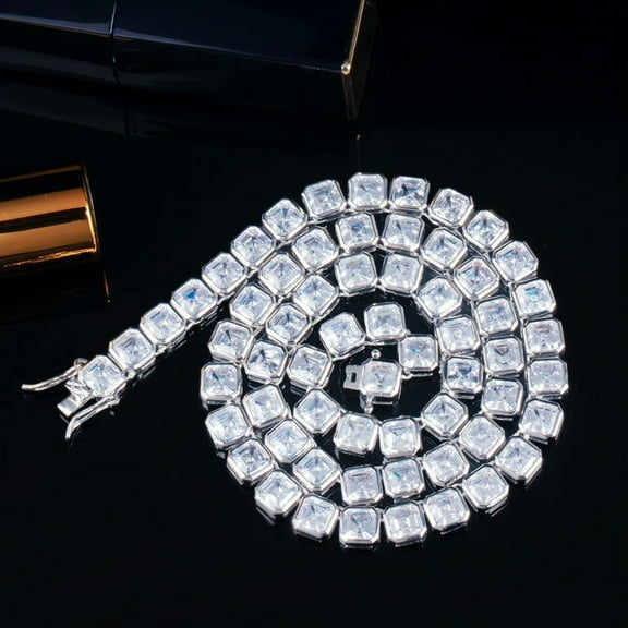 Bling White Cubic Zirconia Tennis Square Chain Necklace for Fiancee Engagement