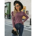 thumbnail image 4 of Long Sleeve Pleated Splicing Round Neck Waffle Top Woman, 4 of 6