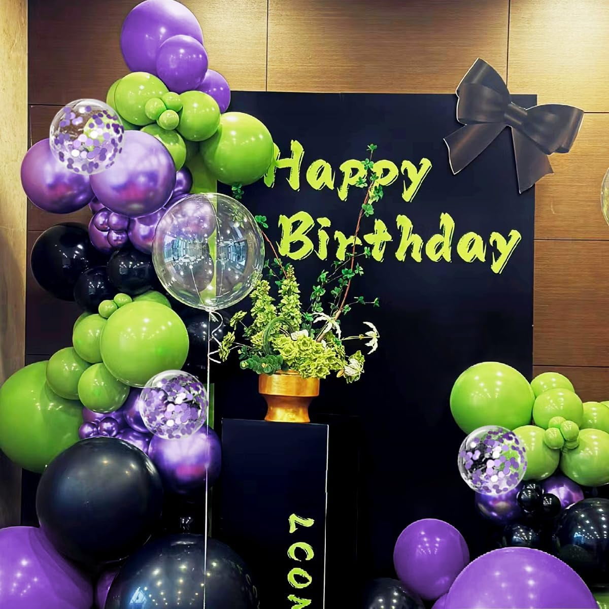 Purple Green Black Balloon Garland Arch Kit, 156 Matte Black Metallic Purple Lime Green Balloons for Wedding Anniversary Hero Birthday Video Game Graduation Racing Car Party Decoration