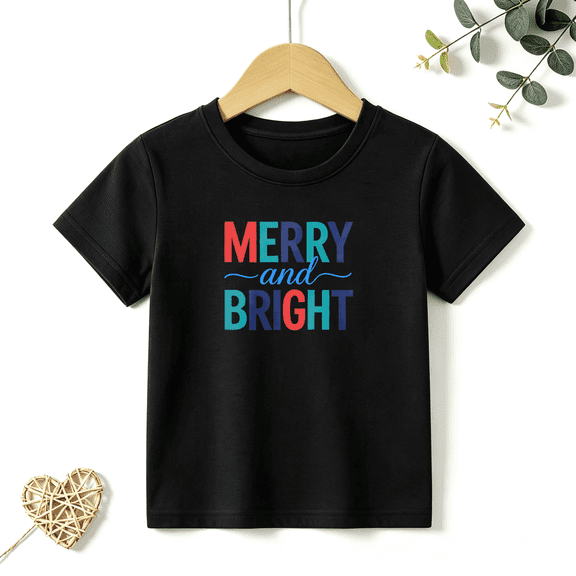 Girls Graphic Tees Merry And Bright Kids T Shirt Christmas Holiday 100% Cotton Short Sleeve Soft Tops 4-13Y
