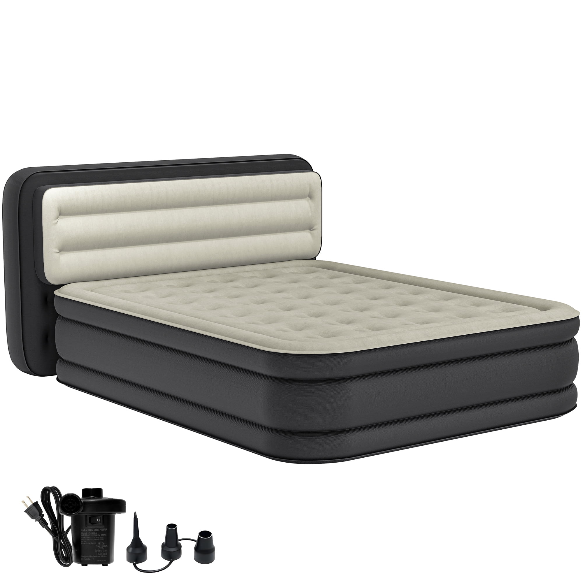 Uforic 18" Queen Air Mattress with Banded Headboard, Flocked Top Inflatable Air Bed with Pump, Portable Blow Up Mattress for Home Camping Guests, Black
