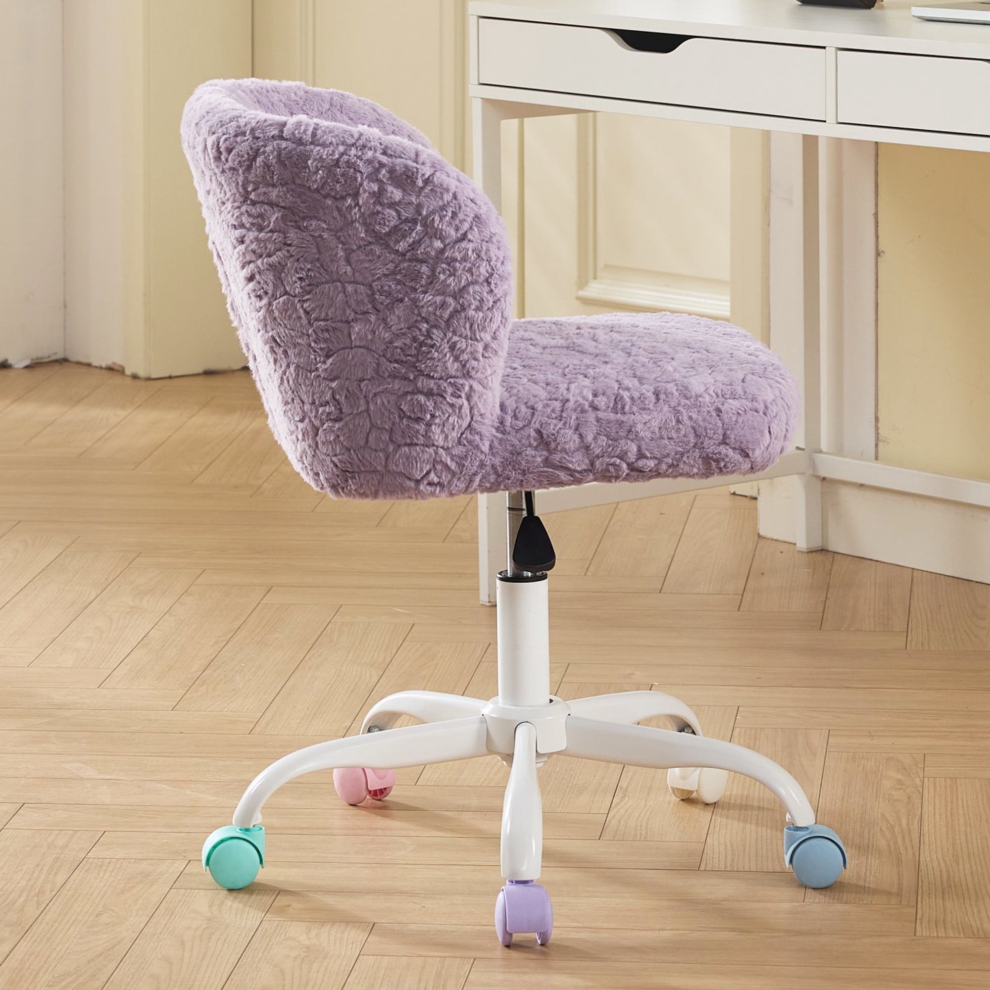 PAPROOS Vanity Chair with Wheels, Home Office Chair, Cute Makeup Desk Chair with Artificial Alpaca Wool Fabric, Adjustable Swivel Task Computer Chair for Bedroom, Violet