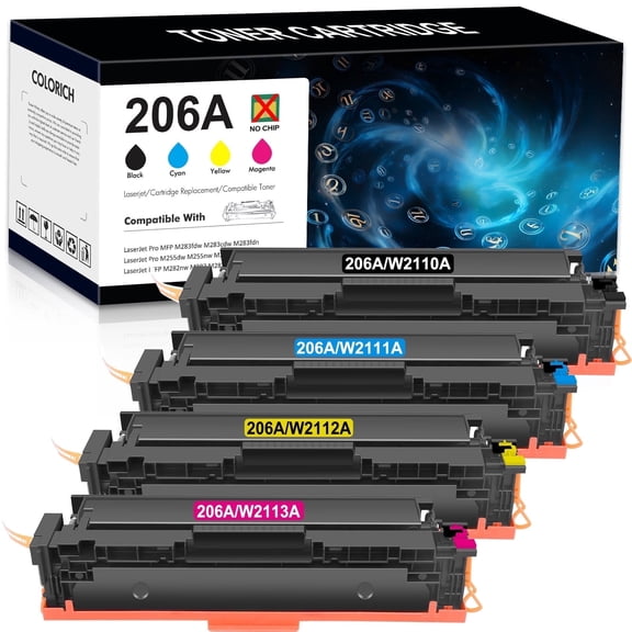 4-Pack 206A Toner Cartridge No Chip Compatible for 206A 206X W2110A W2111A W2112A W2113A Color Laserjet Pro MFP M283FDW M255DW M283CDW M283 M255 Printer (Black Cyan Yellow Magenta)