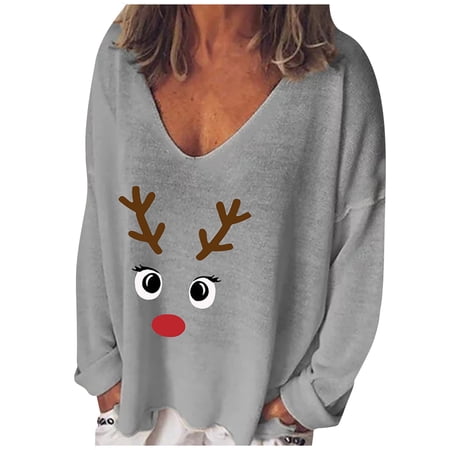 

V-Neck T-Shirt for Women Funny Print Sweatshirt Long Sleeve Casual Plus Size Loose Fit Fall Tops Cute Graphic Tee Shirt Pullover Blouse for Teen Girls