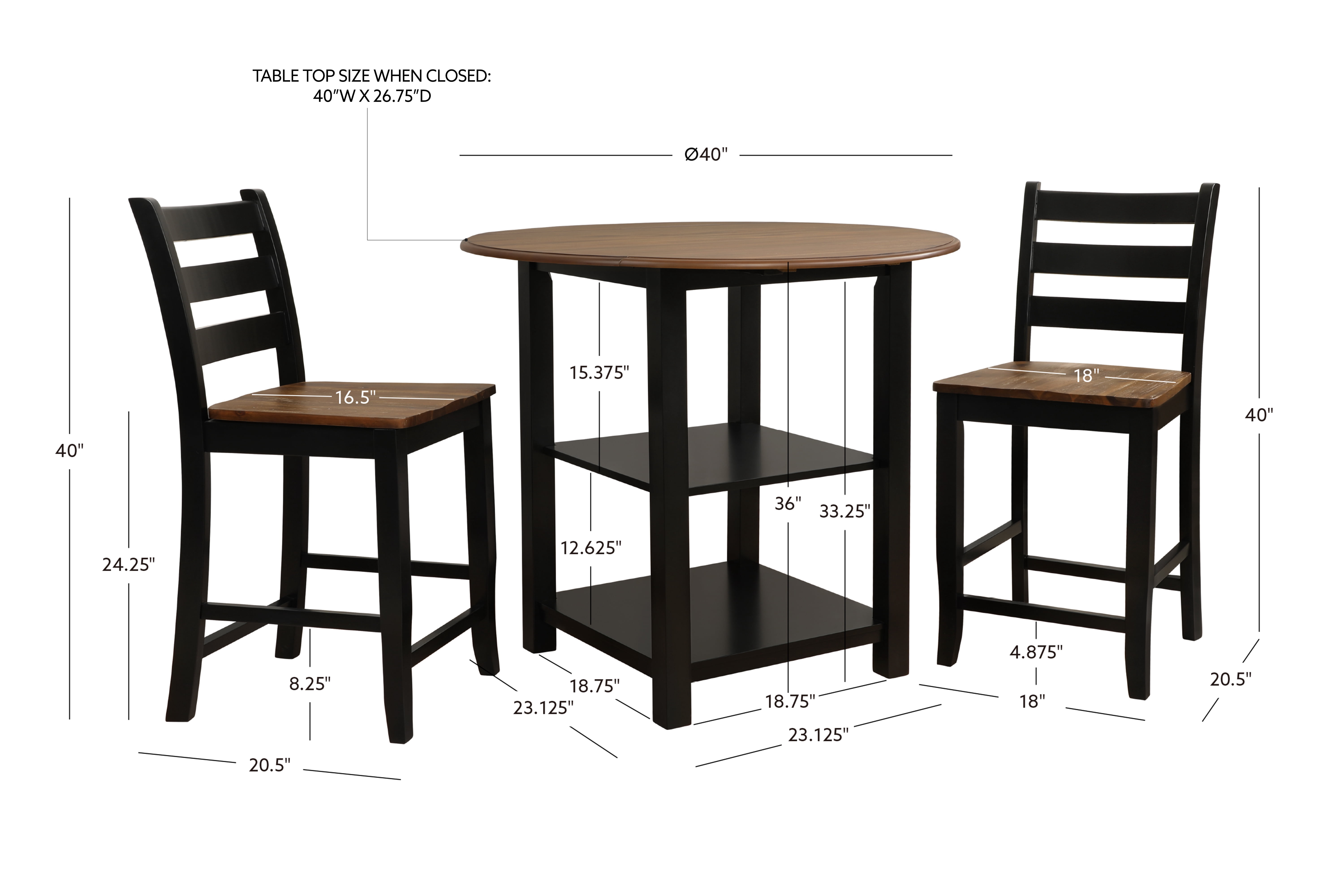 Colm 3-Piece Counter Height Dining Set, Black and Wire Brushed Oak