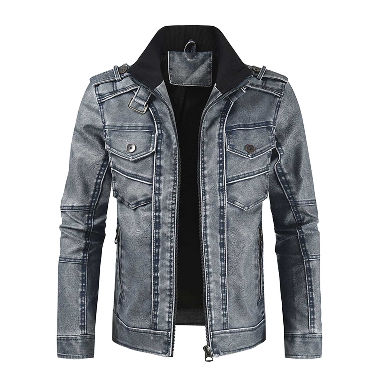 Homenesgenics Men's Leather Jacket Coats Men's Fashion Casual Thick Leather Coat Long Sleeve Stand Collar Zipper Pocket Leather Coat Warm Windproof Coat Clearance