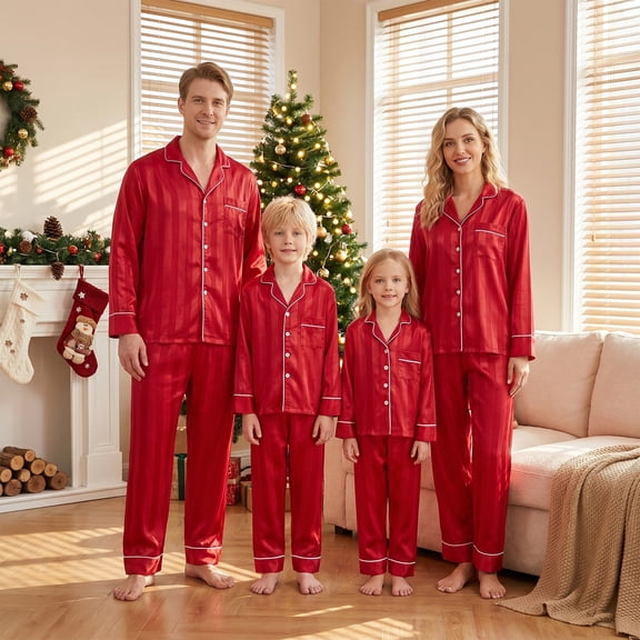 AIGUR Family Matching Satin Pajamas Set Stripe Long Sleeve Lapel Button Down Tops Pants Holiday Pajamas Sleepwear
