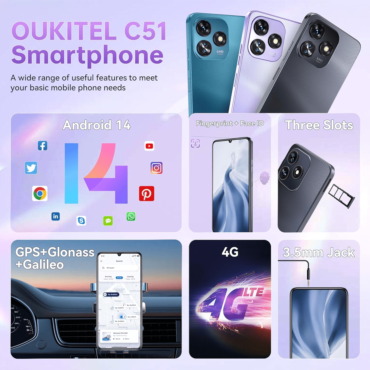 OUKITEL C51 Unlocked Cell Phone - 16GB+128GB/SD 1TB Android 14 Phones, 6.8" HD+ Screen, 5150mAh Battery Mobile Phones, 13MP+5MP Camera, Three Slots, Face ID/Fingerprint, GPS, OTG, T-Mobile