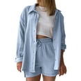 thumbnail image 2 of successthop Women Two Piece Outfits Sets Summer Solid Color Button Down Lapel Neck Long Sleeve Shirts and High Waist Shorts Comfy Trendy Pajamas Lounge Set Loungewear Summer Outfits, 2 of 5
