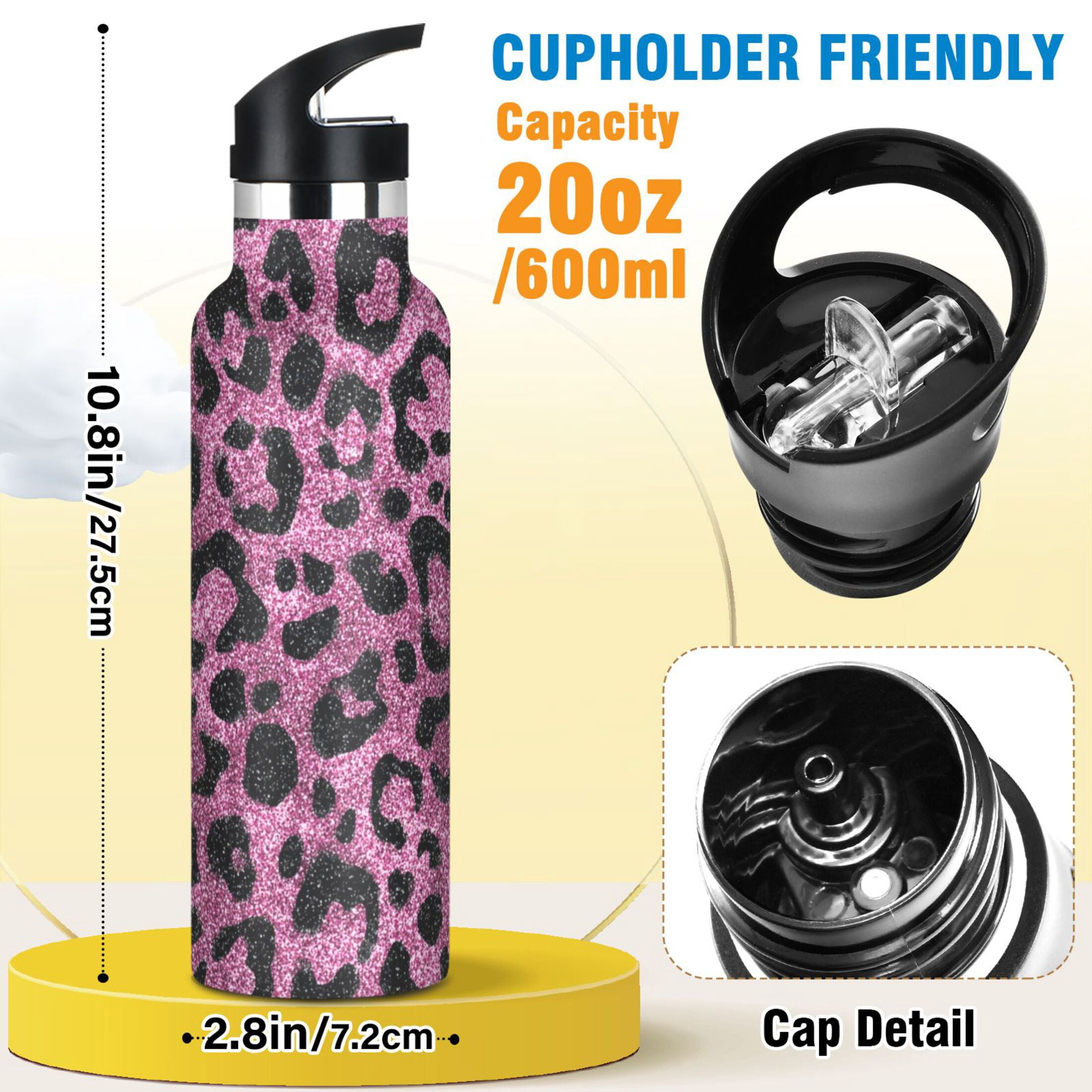 Kids Insulated Stainless Steel Sports Water Bottle 600ml Pink Glitter Cheetah Print