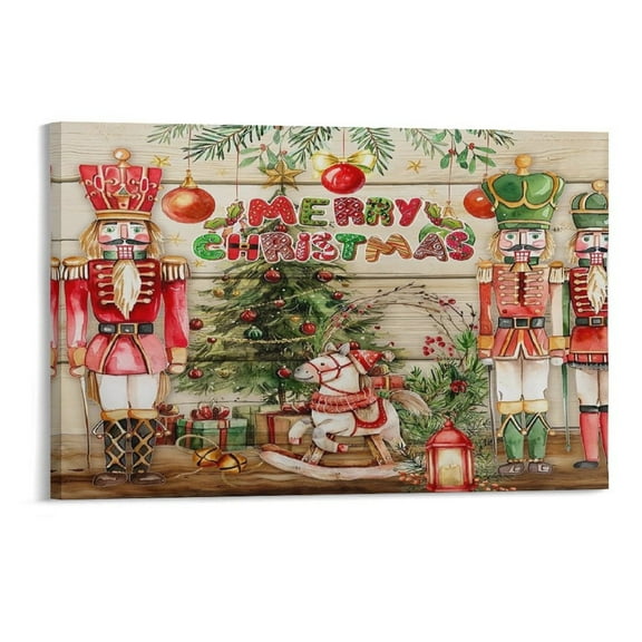 Christmas Santa Rider Beige Brown Canvas Prints Wall Art，Winter Scene Decor Wooden Framed for Living Room Bedroom Office 12×8 inch